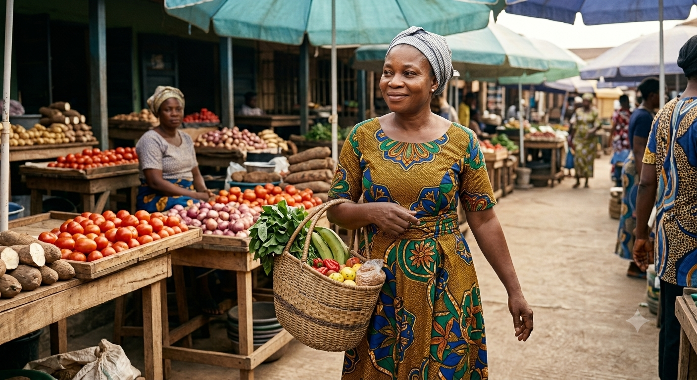Chidinma shopping at the Nigerian market — carrying ugu leaves, unripe plantain, and garden eggs in her basket