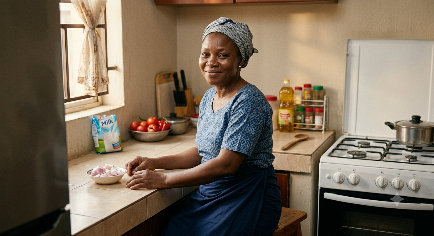 Chidinma — Lagos teacher and author of the 30-Day Belly Fat and Blood Sugar Reset — sitting in her kitchen